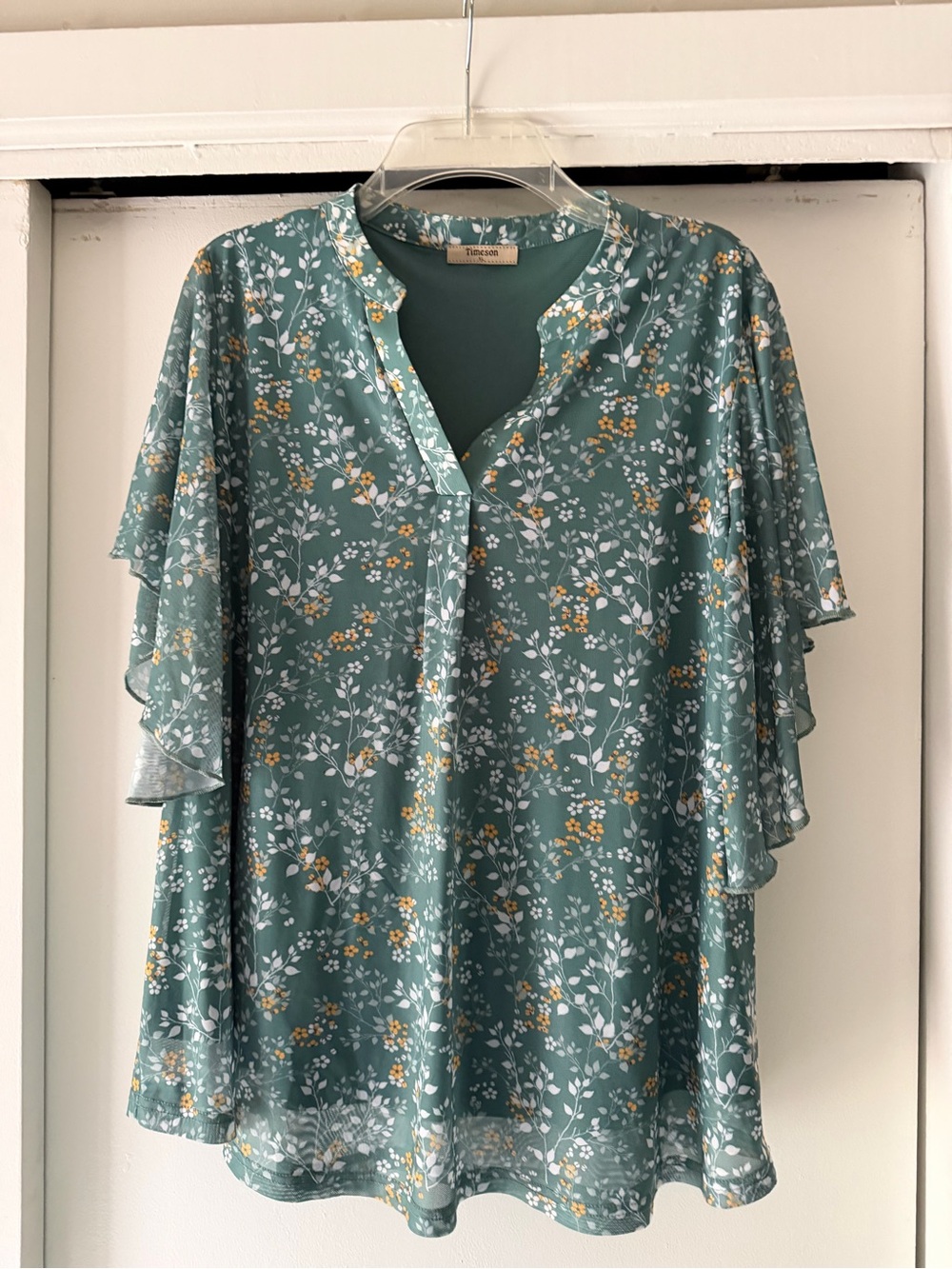 Teal Floral Flutter-Sleeve Blouse by Time and Tru